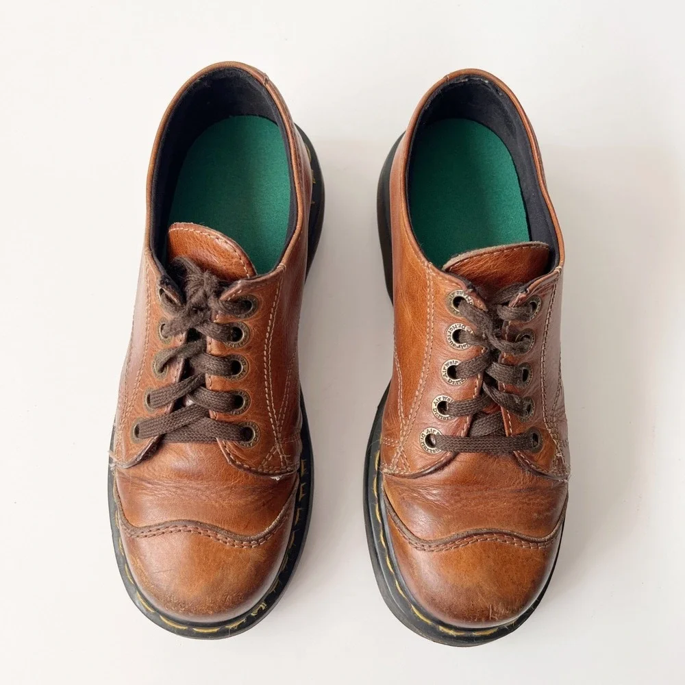 Vintage Dr. Martens Platform Oxfords Brown Leather Chunky Mary Jane Boots Size 8